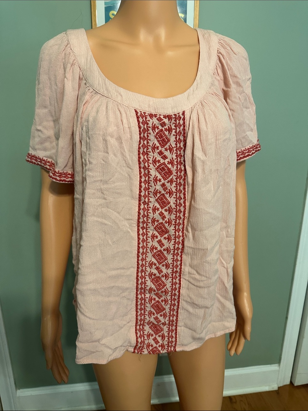 St. John's Bay Pink Scoop-Neck Blouse with Red Embroidery